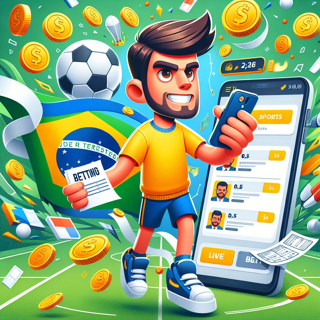 Cartoon sports fan holding a bet slip with live match icons and coins