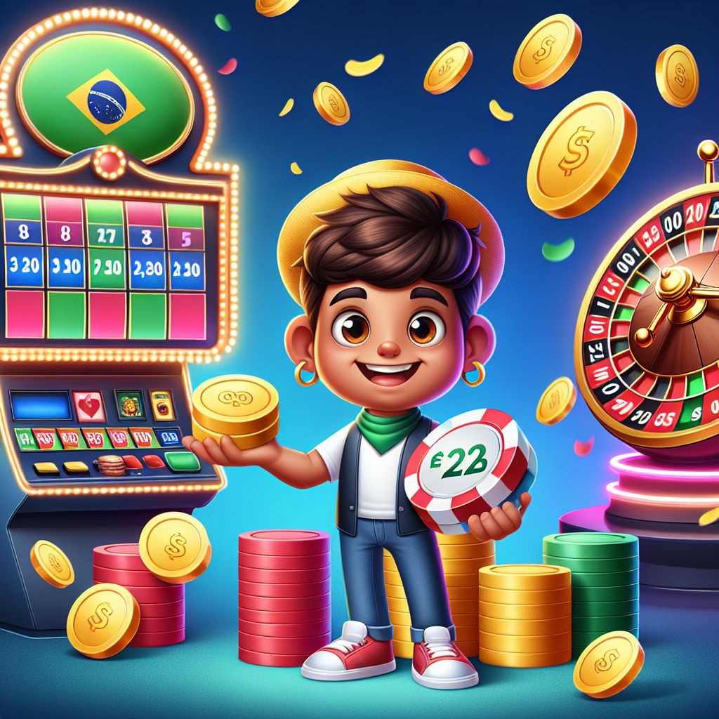 bw66 Casino themed cartoon character with chips, cards, and a roulette wheel in a Brazil-inspired setting